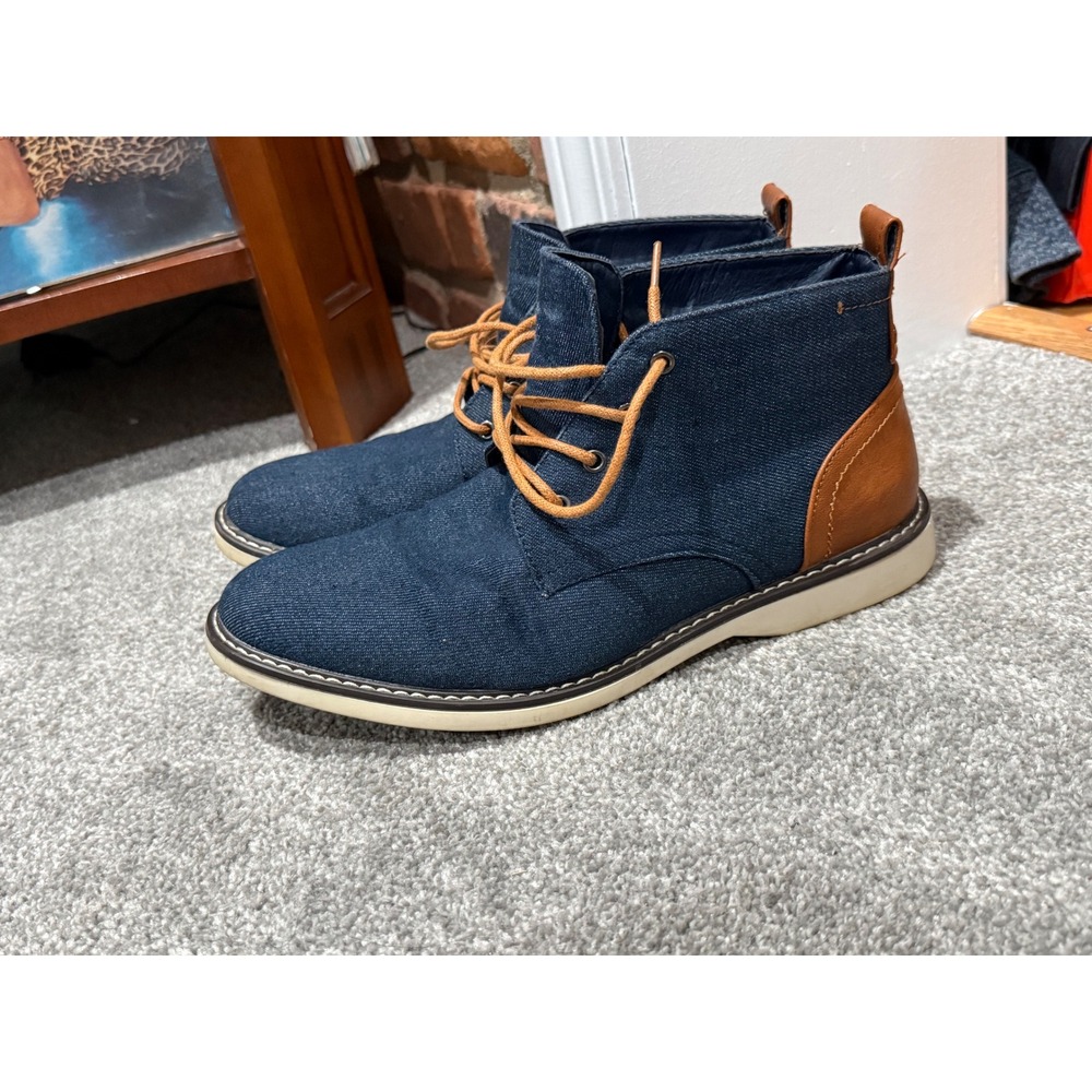 London Fog Mens Navy Denim Chukka Boots Brown Trim Lace Up Ankle Boots Size 10